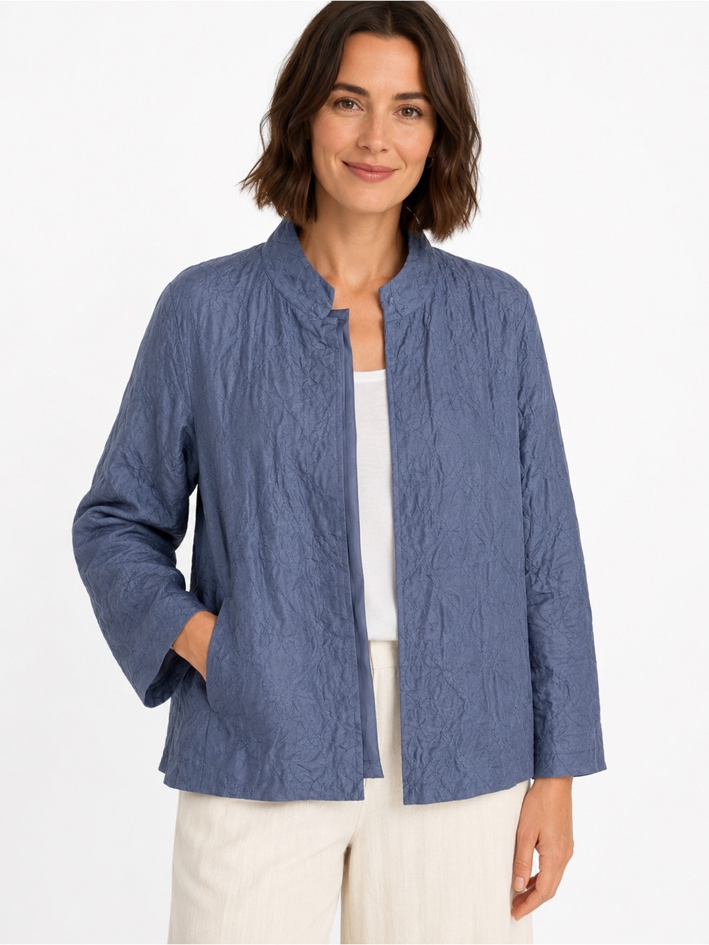 Eileen Fisher Silk Textured Jacket Open Front Blue Gray Small 100% Silk